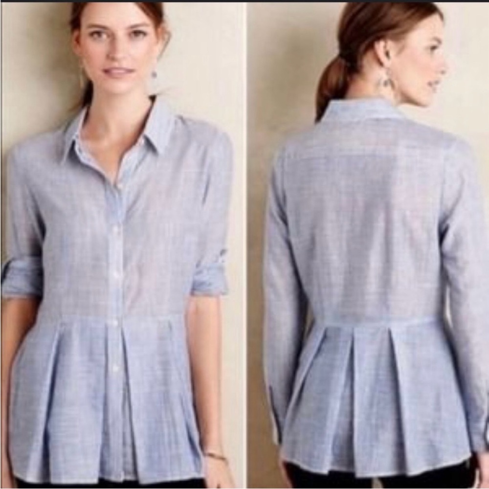 11.1 Tylho Anthropologie Peplum Striped Blue White Button Up Long Sleeve PS